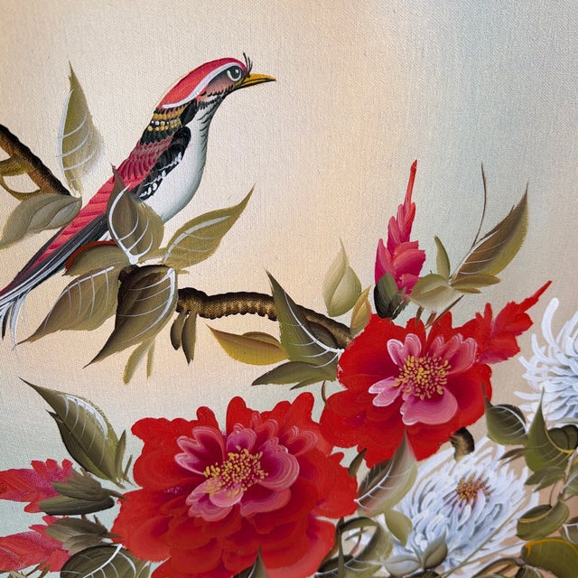 Large Mid-Century Chinese Silk Painting – Hand-Painted Bird & Peony Floral Composition in Ornate Frame - Signed by Unknown Artist For Sale In Des Moines, IA - Image 6 of 12