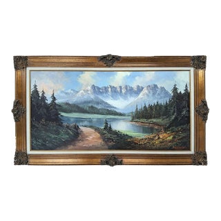 Late 19th Century Original Signed Caroll Forseth Mountain Lake Landscape Painting, Ornate Gilt Frame For Sale