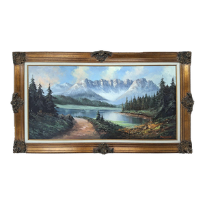 Late 19th Century Original Signed Caroll Forseth Mountain Lake Landscape Painting, Ornate Gilt Frame