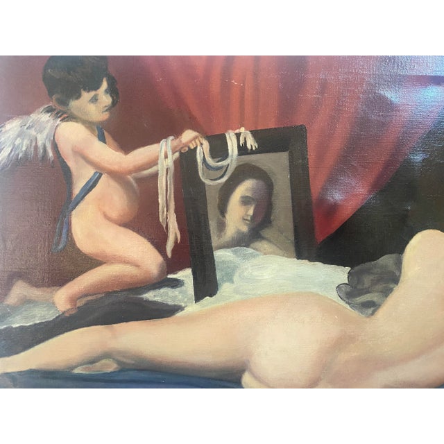 Antique Oil Painting on Canvas on a Lounging Nude Woman Being Shown Her Reflection in a Mirror by a Winged Cherub, Circa 1920 For Sale - Image 10 of 10