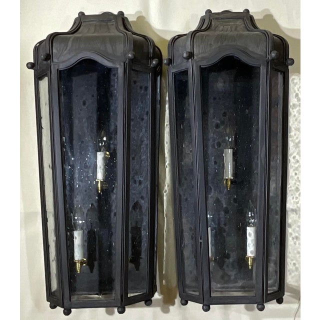 Gray Large Exceptional Pair of Hand-Forged Iron Wall Lanterns Architectural Sconces For Sale - Image 8 of 17