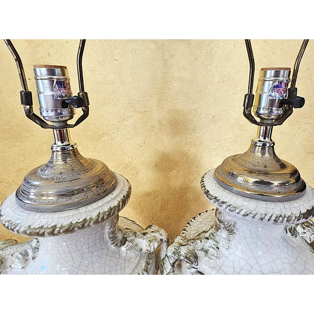 Metal Vintage Pair of Neoclassical Trophy Urn Table Lamps in White Crackle Glaze – Made in Usa For Sale - Image 7 of 18