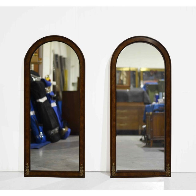 Hollywood Regency 1970s Hollywood Regency Neoclassical Arched Burl Wood Wall Mirrors With Brass Ormolu Detail - A Pair For Sale - Image 3 of 9