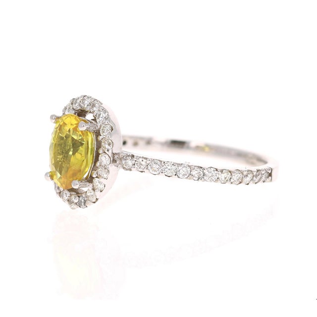 Contemporary 1.71 Carat Yellow Sapphire Diamond Halo Ring 14 Karat White Gold, Size 7 For Sale - Image 3 of 5