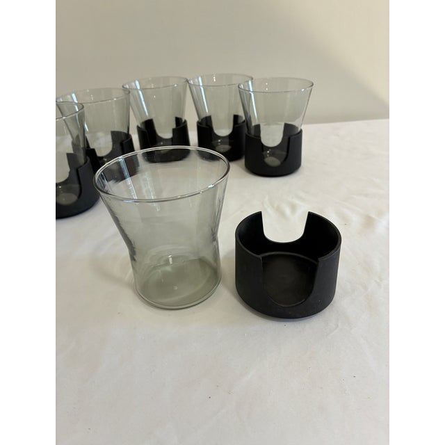 Glass Mid 20th Century Mid-Century Corning Glass Smoke Glass Tumblers With Black Bases - Set of 6 For Sale - Image 7 of 11