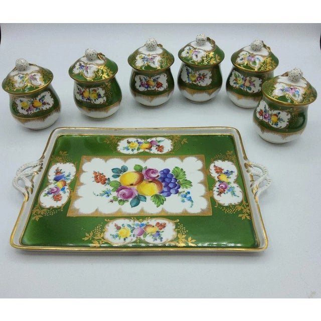 Wonderful set hand painted with fruits and flowers on a emerald green background with Berry fruit relief knop Tray...
