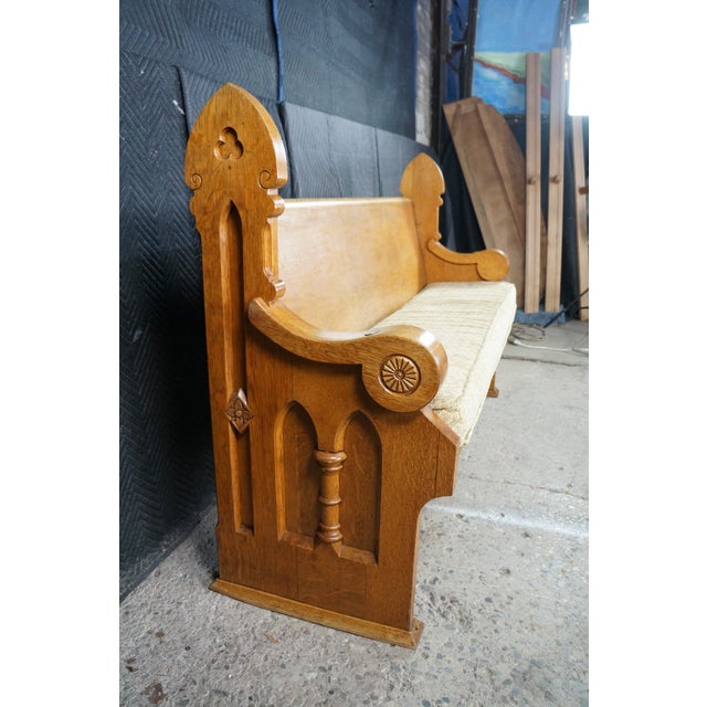 2 Antique Gothic Revival Quartersawn Oak Carved Church Pews Deacon Bench Pair For Sale - Image 4 of 18