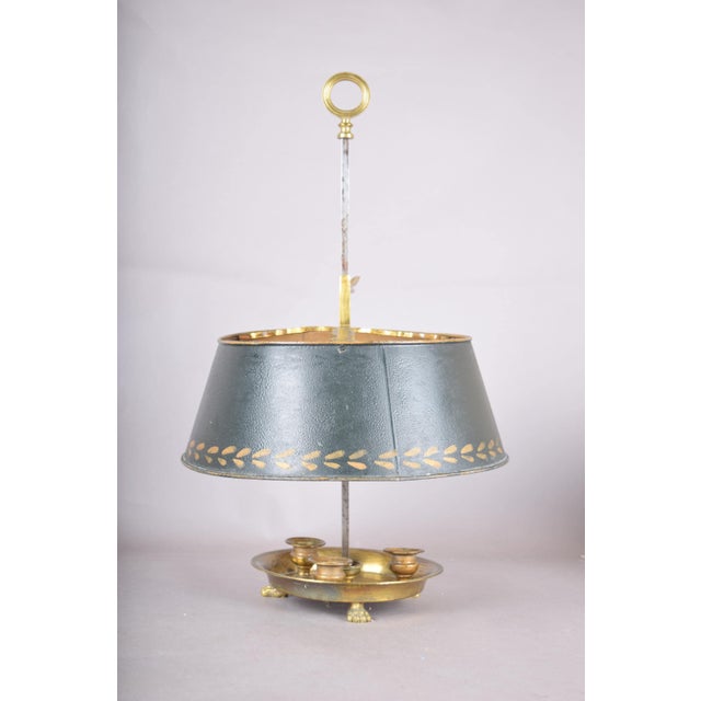 Brass Bouillotte Candle Lamp with Green Tole Shade and Paw Feet, 1950s For Sale - Image 11 of 11