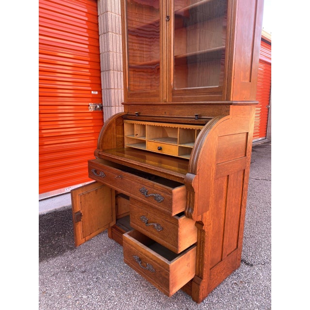 Victorian 1800's Antique Victorian Eastlake Cylinder Roll-Top Secretary Desk With Bookcase For Sale - Image 3 of 11