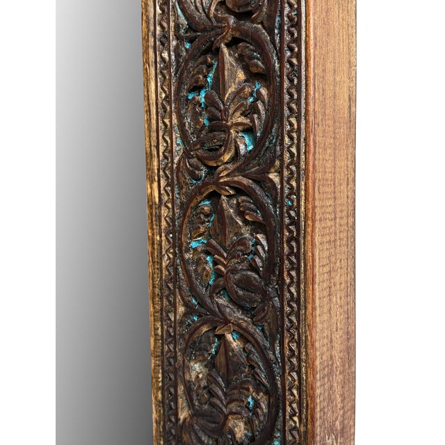 Wood Original Vintage Indian Carved Full Length Mirror For Sale - Image 7 of 9