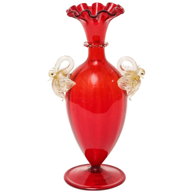 Red Red Venetian Vase With Double Swan Handles, 24-Karat Gold Inclusion For Sale - Image 8 of 8