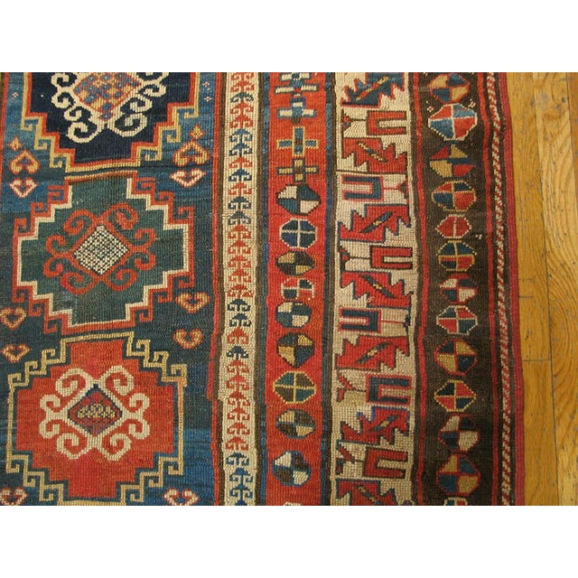 1880s Blue Geometric Tribal Antique Caucasian Kazak Rug Hand Knotted 4'3" X 6'2 Wool Carpet For Sale - Image 4 of 4