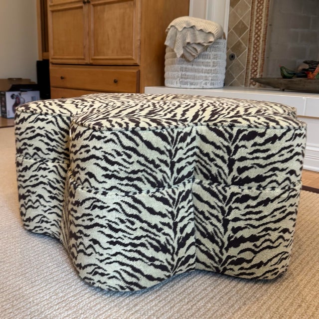 English Custom Butterfly Shaped Tiger Stripe Upholstered Ottoman For Sale - Image 3 of 13