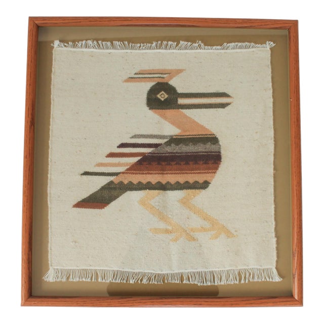 Vintage Framed Handwoven Bird Tapestry For Sale