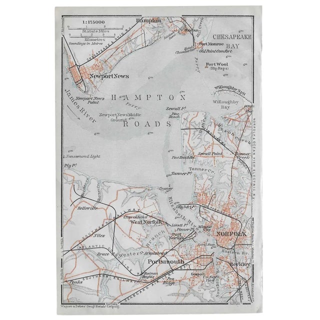 VA map from a 1909 travel guide of North America depicting Portsmouth, Hampton Roads, Norfolk, Newport News and part fo...