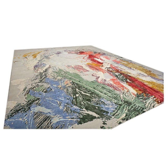 Early 21st Century Indo-Napalese Modern Sima Wool & Silk 12x15 Grey & Multi Color Handmade Area Rug #1144026 For Sale - Image 5 of 7