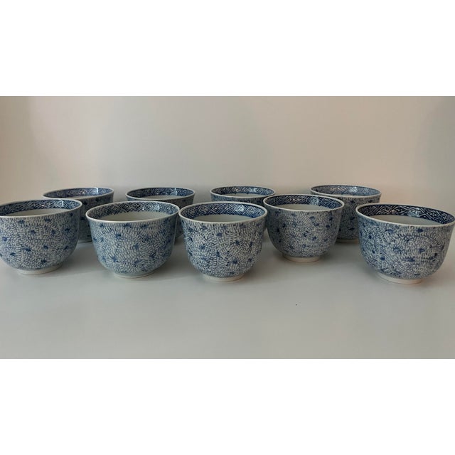 Late 19th Century Antique Blue and White Japanese Teacups - Set of 9 - Mizinkarakusa Intricate Designs For Sale - Image 5 of 15