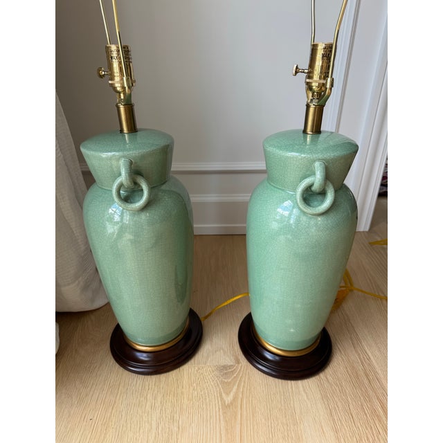 Pair of Frederick Cooper Celadon Crackle Glazed Ceramic Urn Lamps, Late 20th Century For Sale In Chicago - Image 6 of 12