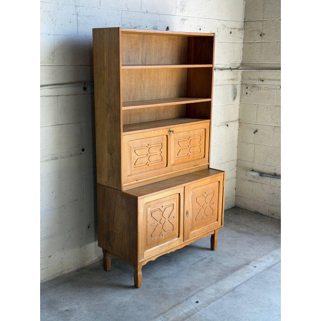 Vintage Danish Oak Secretary Cabinet in Style of Henning Kjærnulf Scandinavian Bookcase Hutch For Sale - Image 4 of 9