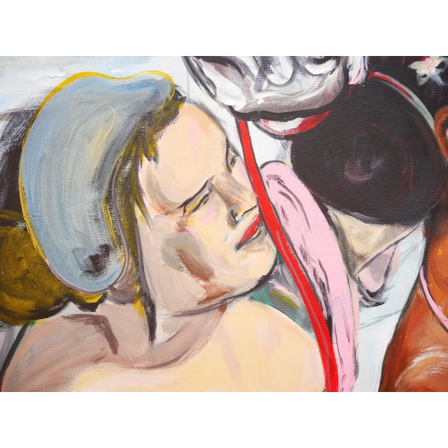 Pastel-toned abstract contemporary figurative painting by Houston, TX artist Moisés Villafuerte. The painting depicts a...
