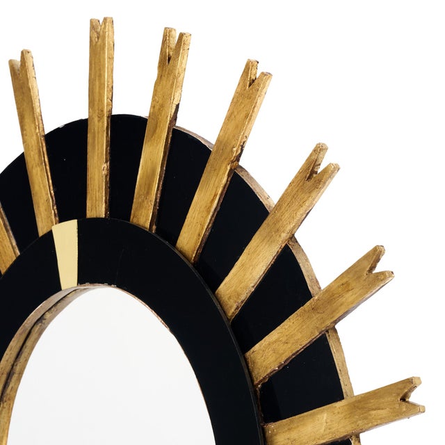 Wood Modernist, Spanish Sunburst Mirror, Gold Leaf and Black Glass For Sale - Image 7 of 9