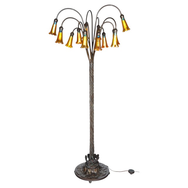 Tiffany Style Bronze Twelve-Light Floor Lamp With Charles Lotton Art Glass Shade For Sale - Image 11 of 11