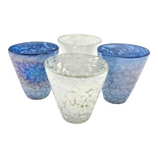 Set of Four Hand-Blown Frit Glass Tumblers in Blue and White For Sale