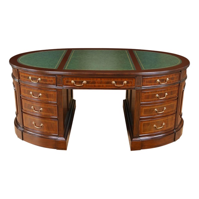 Green Leather Oval Partners Desk For Sale
