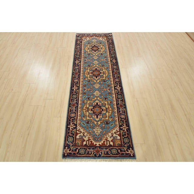 Tribal Heriz Runner 2’7” X 8’1” Blue Wool Tribal Hand-Knotted Oriental Rug For Sale - Image 3 of 12