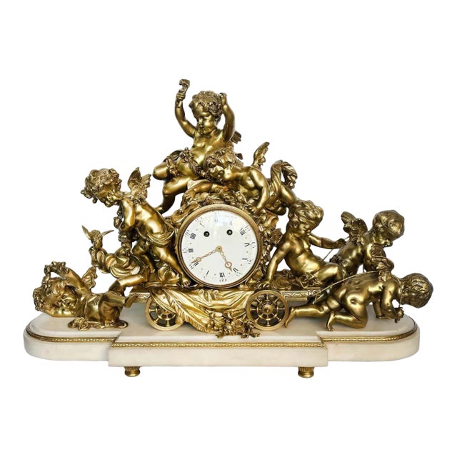 Antique French Louis XVI Style Gilt Bronze & Marble Mantel Clock For Sale