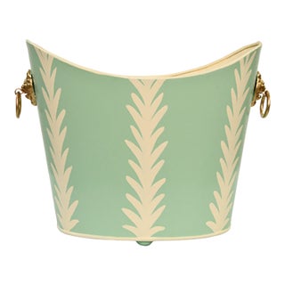 Matthew Izzo Home Wastebasket Handpainted Oval Light Green Frond Design For Sale