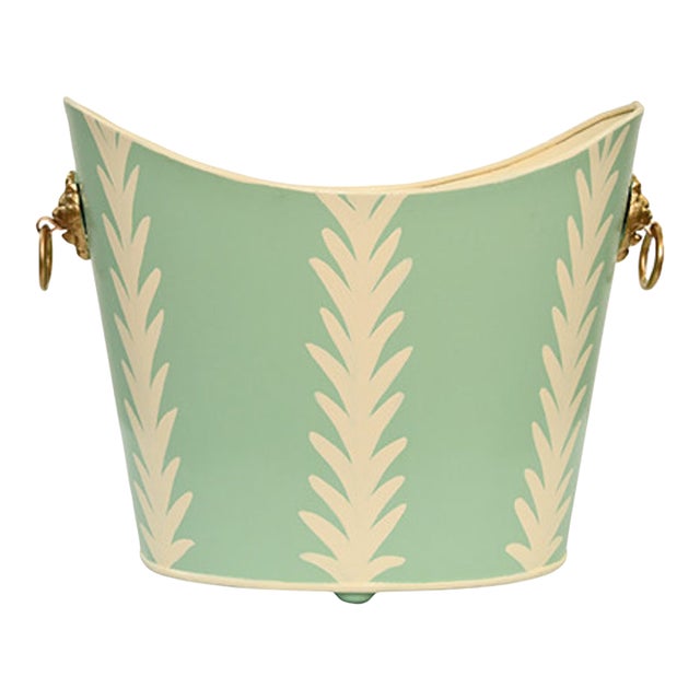 Matthew Izzo Home Wastebasket Handpainted Oval Light Green Frond Design For Sale