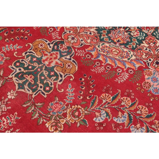 Shabby Chic Shabby Chic Tabriz Red/Green Wool Rug - 9'6'' X 13'3'' For Sale - Image 3 of 10