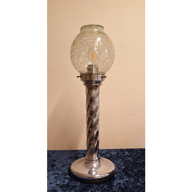 Vintage Table Lamp with Twisted Chrome-Plated Metal Base and Clear Ice Glass Shade by Ruf-Design, 1970s, in Very Good...