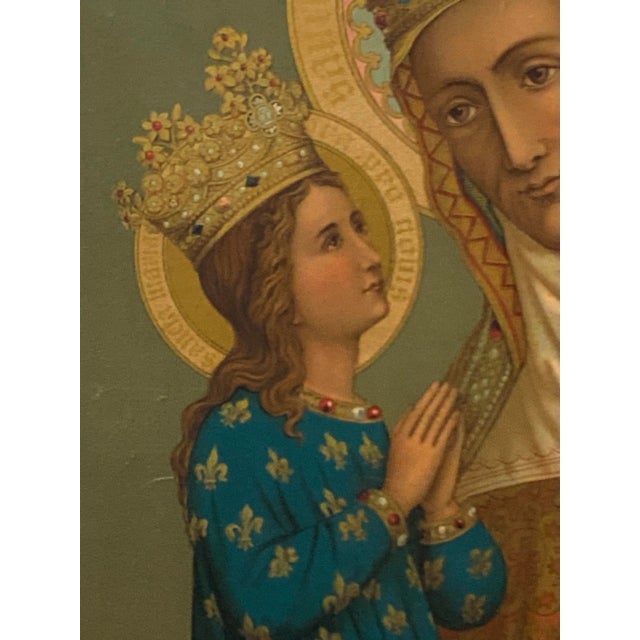 Exquisite European Virgin and Child Icon - Hand-Colored Print With Gold Accents, C. 1900 For Sale - Image 4 of 15