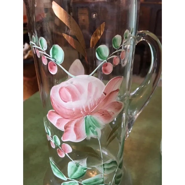 Antique Northwood Handblown Hand-Painted Pitcher & 4 Glasses For Sale - Image 4 of 13