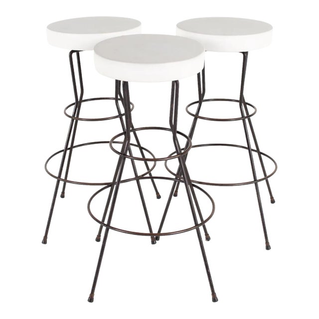 Weinberg Style Mid Century White Vinyl and Iron Stools - Set of 3 For Sale
