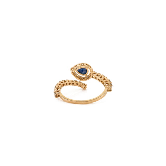 Metal 14k Yellow Gold Pear-Shape Blue Sapphire & Diamond Bypass Ring Size 6 For Sale - Image 7 of 13