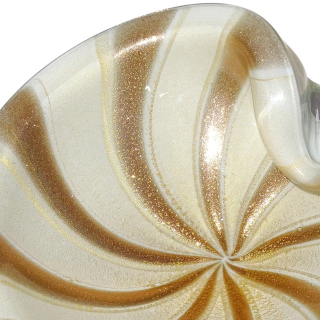 Murano Vintage Barbini Murano White Gold Flecks Copper Aventurine Stripes Italian Art Glass Decorative Bowl For Sale - Image 4 of 8