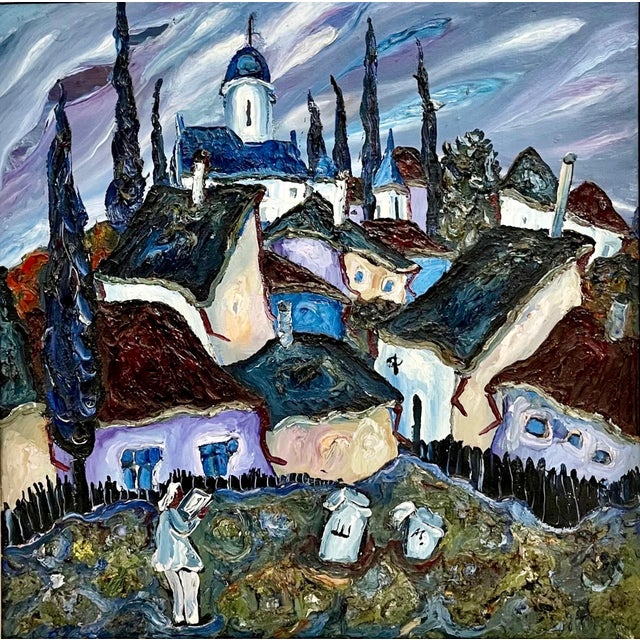 Russian Abstract Expressionist Village Oil Painting Soviet Non Conformist Frame: 27.5 X 27.5 Image: 19.5 X 19.5 Artist:...
