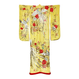 Vintage Showa Period Japanese Hand Made Yellow and Red Silk Heavily Embroidered Ceremonial Wedding Kimono For Sale