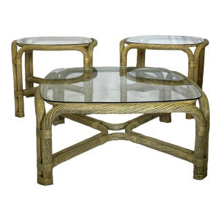 1970s Vintage Twisted Pencil Reed Coffee Table Set of 3 For Sale