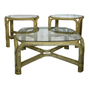 1970s Vintage Twisted Pencil Reed Coffee Table Set of 3