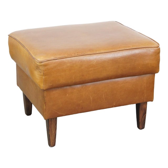 Large English Cognac-Colored Cow Leather Foot Stool For Sale