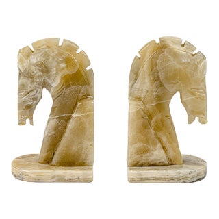 Vintage Mid-Century Modern Hand Carved Honey Onyx Horse Head Bookends For Sale