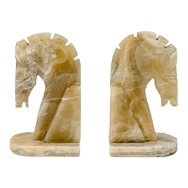 Vintage Mid-Century Modern Hand Carved Honey Onyx Horse Head Bookends For Sale