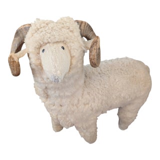 Vintage Shearling Sheep Footstool With Real Horns For Sale