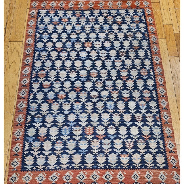 Vintage Kurdish Kilim Rug, Hand-Woven All-Over Paisley Pattern, Blue & Brick, 6x9 For Sale - Image 13 of 13