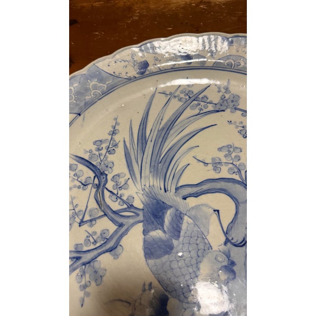 19th Century Japanese Hand-Painted Blue and White Porcelain Charger With Roosters For Sale - Image 12 of 12