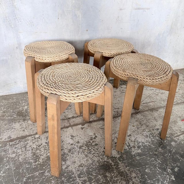 Brown Mid-Century Modern Stackable Rush Woven Stools, 1960s, Set of 4 For Sale - Image 8 of 10